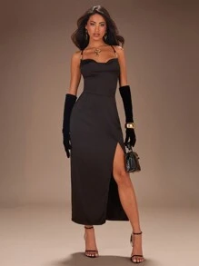 SHEIN SXY Sexy Women Casual Dating Must-Have Strap Swing Collar With Black Swing Collar Satin Long Dress - Black - View 1