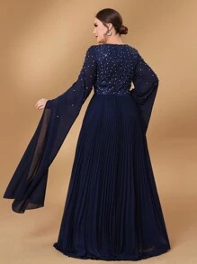 Serin Plus Size Elegant Luxury Rhinestone And Pearl Embroidery Blue Long Sleeve Chiffon Ruffle Flared A-Line Dress For Formal Dinner Event Mother Of The Bride Evening Dress