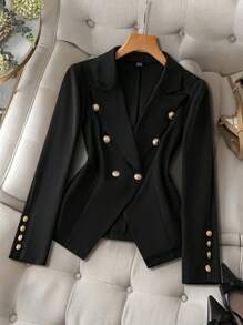 SHEIN Clasi Spring/Autumn Casual Solid Color Double-Breasted Blazer Fall Cloth For Women - Black - View 1