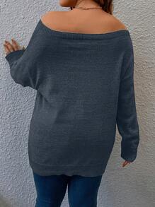 Calvaya Plus Size Casual Solid Color Off Shoulder Drop-Shoulder Loose Pullover Sweater Winter Fall Autumn - Baby Blue - View 2