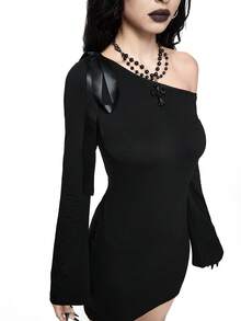 ROMWE Goth Sexy High Elasticity Black Bodycon Dress With Waist Tied Bow Detail And Asymmetrical Neck Long Sleeve Design For Women - Black - View 2
