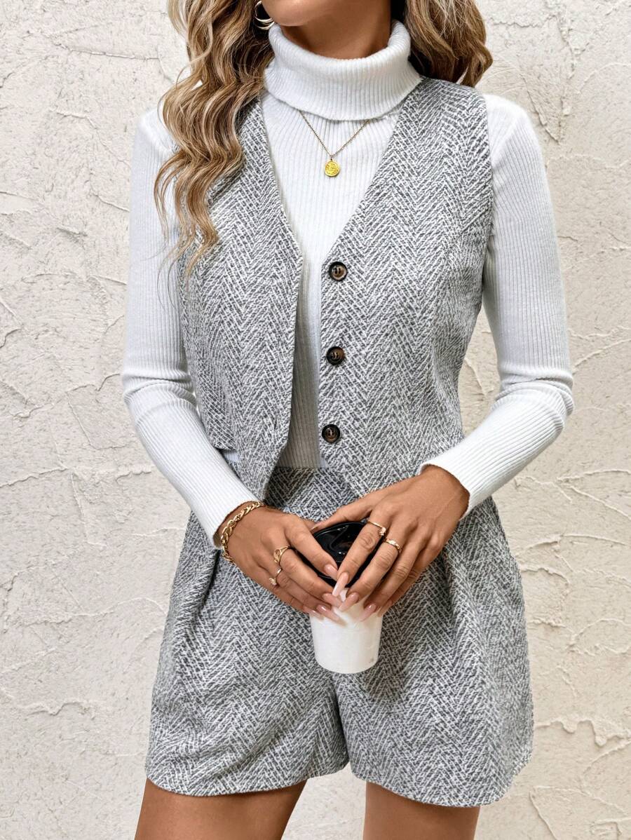 SHEIN Clasi Conjunto de 2 piezas de chaleco + pantalones cortos para otoño/invierno, elegante conjunto de vestidos de mujer, conjunto de dos piezas de traje de mujer para temporada de otoño, ropa de trabajo de invierno para mujer, conjuntos de invierno para mujer, ropa profesional de invierno para mujer