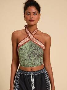 Travachic Vacation Woven Printed Halter Crop Top - Green - View 3