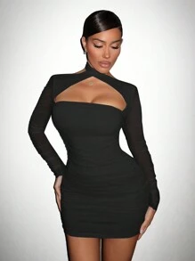 SHEIN SXY Women Sheer Mesh Crisscross Ruched Backless Bodycon Prom Dress - Black - View 3