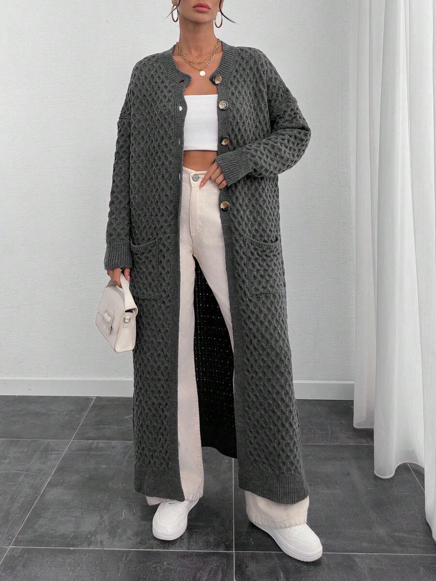 RueChic Elegant Texture Cable Knit Drop Shoulder Crew Neck Cardigan With Pcoket And Button - Apricot - View 1