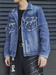 Manfinity Roghcode Men's Casual Distressed Denim Jacket For Autumn - Blue - View 4