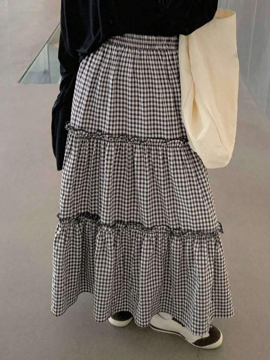 DAZY 女式秋季新款格子 A 字裙 - 黑色 - 查看 1