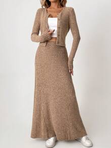 SHEIN Tall Bộ đồ thường ngày dành cho nữ, áo khoác dài tay màu trơn có gân, hàng khuy đơn và chân váy dài midi, mùa thu - màu nâu - Xem 1