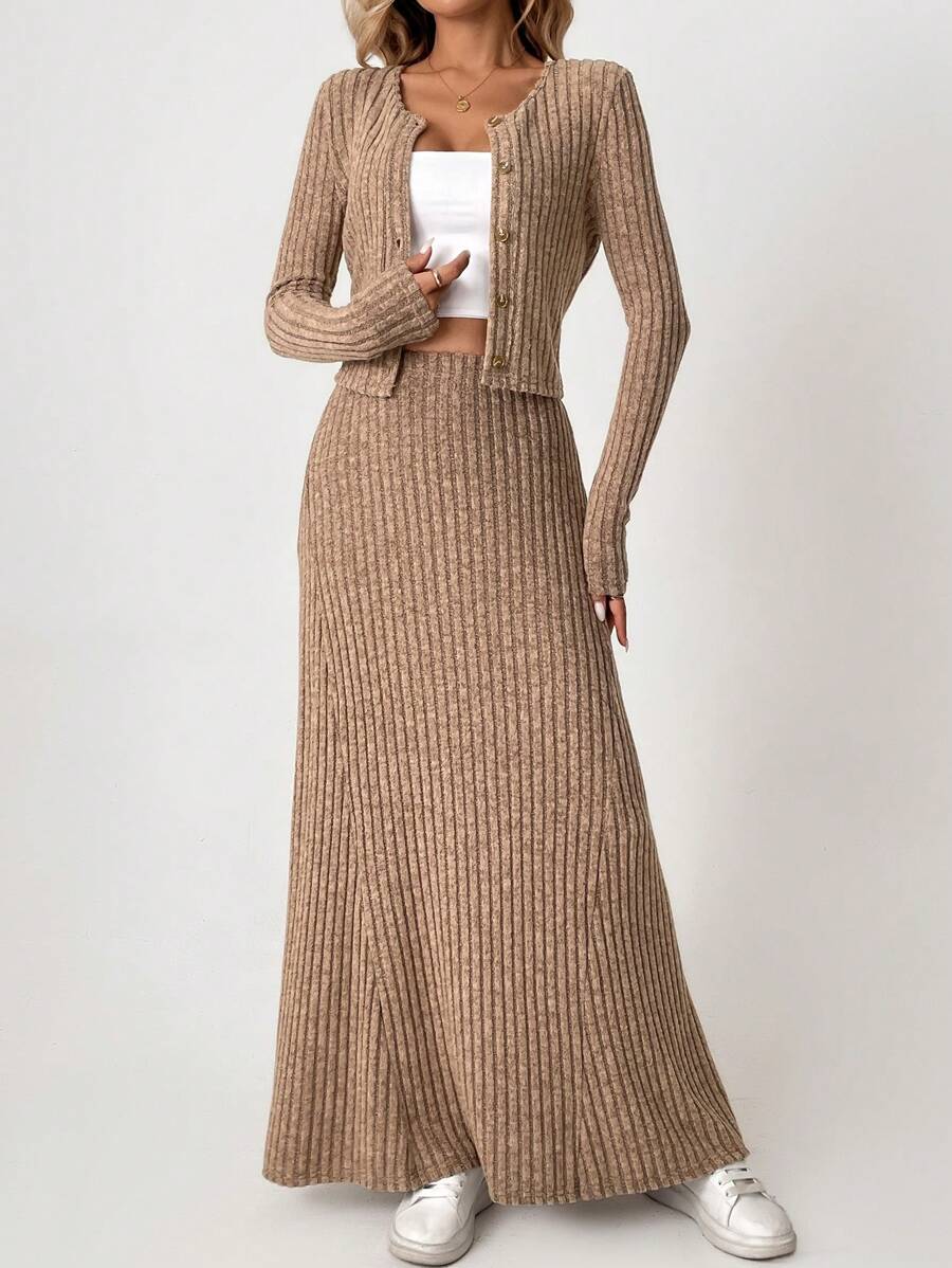 SHEIN Tall Bộ đồ thường ngày dành cho nữ, áo khoác dài tay màu trơn có gân, hàng khuy đơn và chân váy dài midi, mùa thu - màu nâu - Xem 1