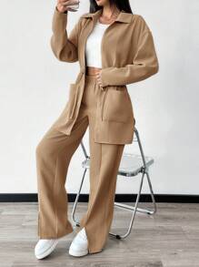 Mulvari 2 件套女士休闲纯色抽绳腰上衣和裤子套装，秋季 2 件套 - 卡其色 - 查看 6