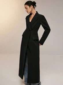 Poéselle Women's Solid Color Lapel Neck Double Button Long Elegant Jacket, Regular Fit, For Autumn