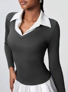Flirla 1pc Women's Minimalist V-Neck Patchwork Long Sleeve Fitted Waist Dress, College Style, Black, Autumn/Winter