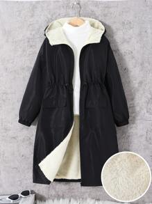 SHEIN Leap Crew Tween Girls Loose Casual Sports Versatile Hooded Mid-Length Fleece Cardigan Jacket - Black - View 1