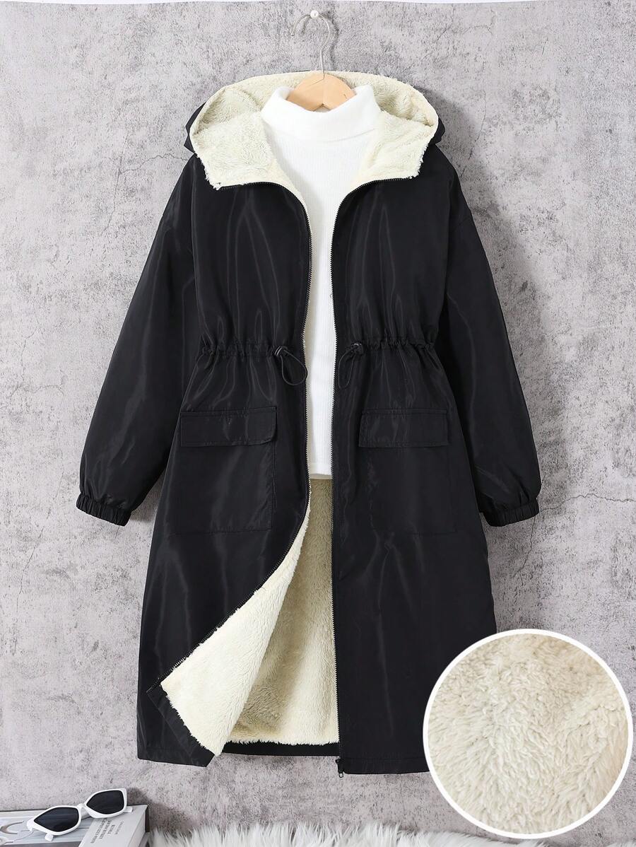 SHEIN Leap Crew Tween Girls Loose Casual Sports Versatile Hooded Mid-Length Fleece Cardigan Jacket - Black - View 1