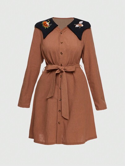 Fairycore Halloween Woodland Pumpkin & Bat Embroidered Ruffle Collar Dress