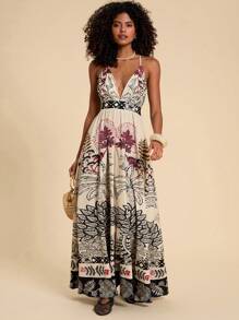 Travachic 女式度假编织花卉印花紧身露背高低下摆连衣裙 - 卡其色 - 查看 6