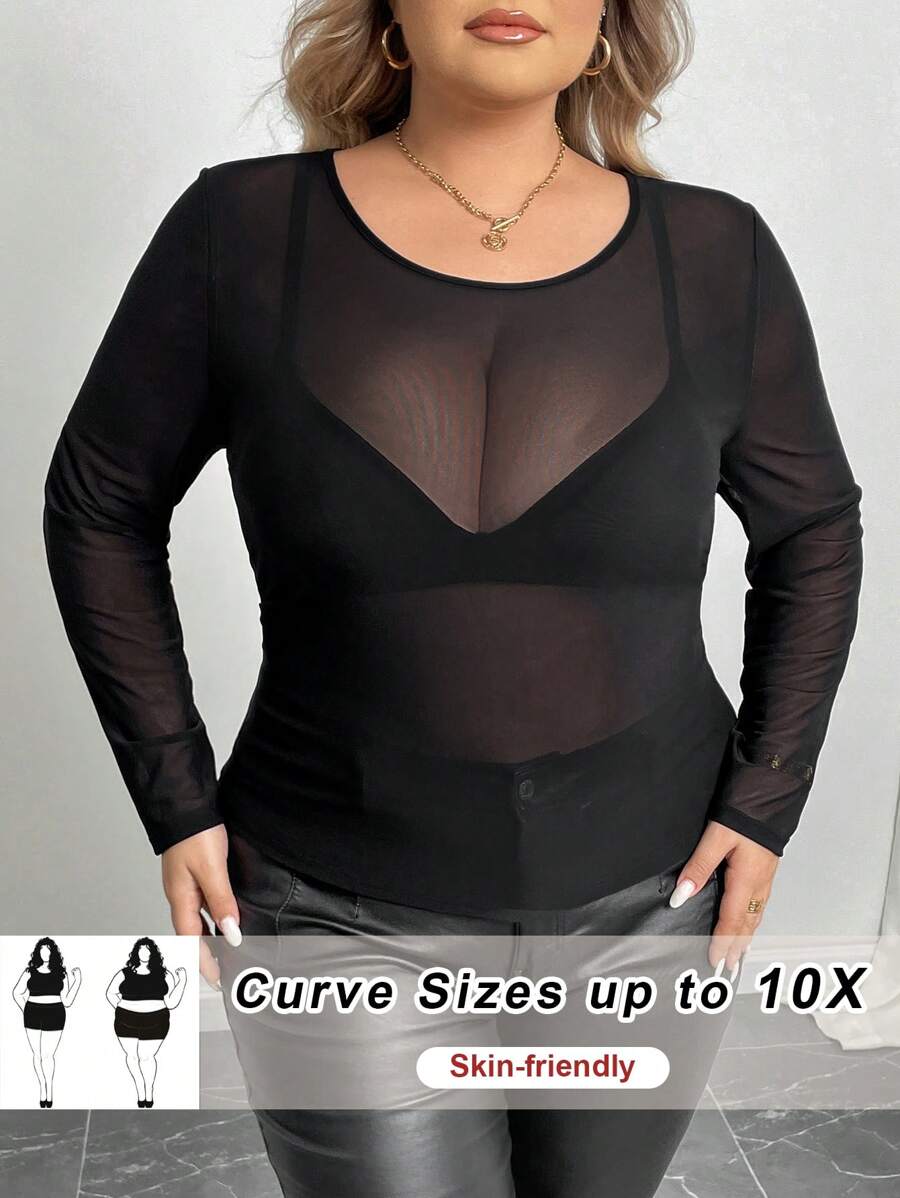 SHEIN CURVE+ Plus Size Women Spring Summer Solid Color Crew Neck Long Sleeve Sexy Mesh Sheer Blouse Christmas Party - Black - View 1