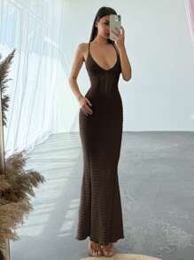 Aloruh Robe longue moulante élégante avec décolleté en V profond, à fines bretelles, dos nu et bandes bandage