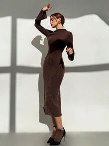 Aloruh Vestido de suéter versátil de largo medio con cintura ceñida, manga abullonada fruncida y tejido circular a juego