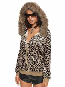 ROMWE Grunge Punk 复古休闲 Y2K 风格女式天鹅绒豹纹拼接毛领夹克 - 彩色 - 查看 7