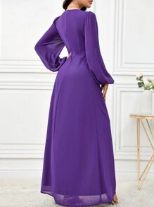 Modelyn 1 件装女士纯色 V 领交叉花卉印花长袖连衣裙长款晚礼服 - 紫色 - 查看 3