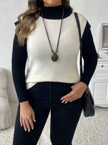 SHEIN LUNE 大码女式休闲撞色边宽松圆领蝙蝠袖针织上衣，适合夏季和秋季 - 彩色 - 查看 8