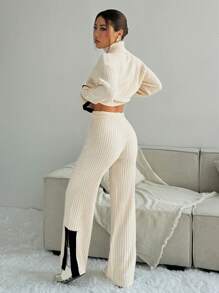 SHEIN Unity 2pcs Elegant Knitted Set: Contrast Color Trim Turtleneck Sweater And Pants - Multicolor - View 2
