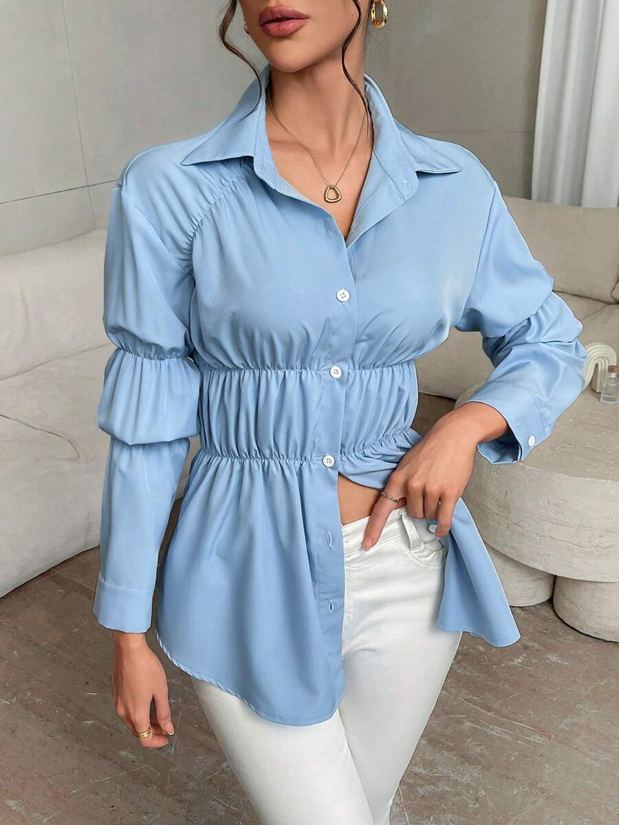 Chiquease Women's Solid Color French Elegant Ruched Long Sleeve Shirt, Autumn Fall Cloth For Women - Blue - View 1