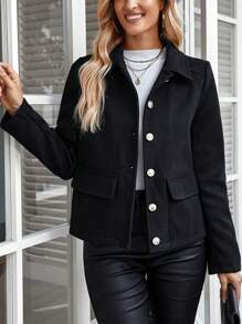 EMERY ROSE Blouse simple à manches longues avec boutons devant et poche, couleur unie, pour un port casual quotidien