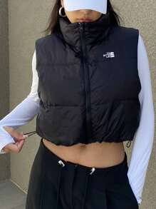 DAZY Women's Super Short Letter Print Fitted Feathery Jacket Fall, Winter Vest Women Coats