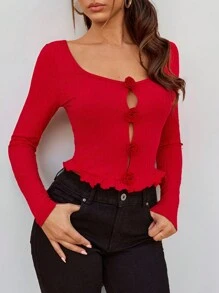 SHEIN SXY Áo thun nữ họa tiết hoa ba chiều màu đỏ ma cà rồng ngày lễ - Đỏ - Xem 6