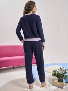 Bộ đồ ngủ dài tay cổ tròn in chữ đơn giản cho nữ - Nhiều màu - Xem 2