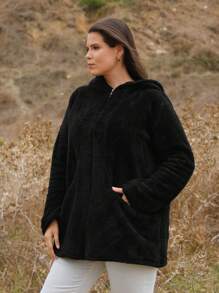 EURMUSE Plus Casual Solid Black Teddy Fur Zipper Hoodie Jacket - Black - View 4