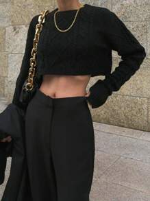 DAZY Women's Solid Color Casual Cropped Loose Fit Long Sleeve Sweater For Autumn/Winter - Black - View 7