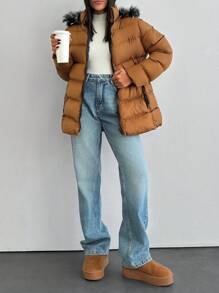 RueChic Contrast Faux Fur Hooded Short Line Puffer Winter Coat - Camel - View 4