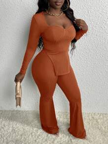 Slaydiva 2 件套 - 女士甜心领开衩下摆 T 恤和喇叭裤，秋季 - 紅木色 - 查看 1