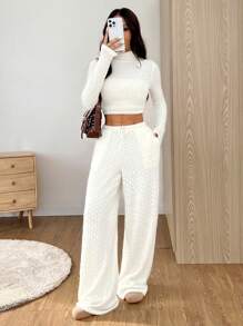 SHEIN EZwear Quần ống rộng màu trơn thường ngày cho nữ, dành cho mùa thu và đông - trắng - Xem 4