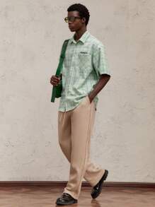 AKNOTIC Party Christmas Men's Loose Fit Reversible Color Block Check Print Letter Decoration Turn-Down Collar Short Sleeve Casual Shirt, Suitable For Christmas And Parties - Green - View 5