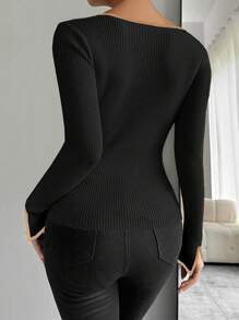 Chiquease Áo len nữ dáng suông, viền đen, xẻ tay, thích hợp mặc mùa thu đông. - màu đen - Xem 2