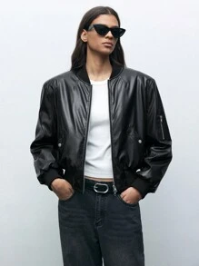 Maija 1 件女士休闲宽松纯色垫肩拉链前口袋长袖夹克，极简时尚日常外套，秋冬季 - 黑色 - 查看 1