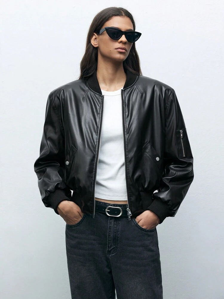 SHEIN Maija 1pc Women's Casual Loose Solid Color Padded Shoulder Zip Front Pocket Long Sleeve Jacket, Minimalist Fashion Outerwear For Everyday, Autumn/Winter