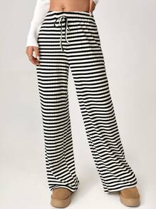 SHEIN Tall Quần sọc thắt nơ phía trước cho nữ - màu đen - Xem 3