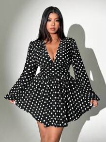 Viva Relle 大码休闲波尔卡圆点印花 V 领灯笼袖连衣裙，适合秋季日常穿着