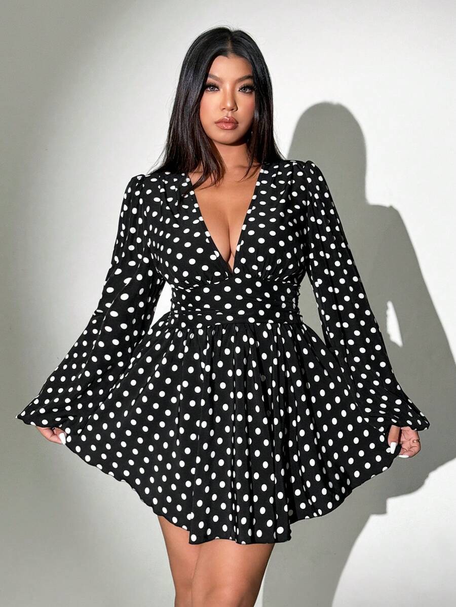 Viva Relle 大码休闲波尔卡圆点印花 V 领灯笼袖连衣裙，适合秋季日常穿着