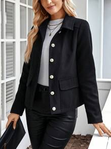 EMERY ROSE Blouse simple à manches longues avec boutons devant et poche, couleur unie, pour un port casual quotidien