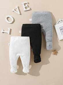 SHEIN 3 件装新生男童女童休闲可爱经典纯色松紧腰紧身裤，男女通用 - 黑與白 - 查看 2
