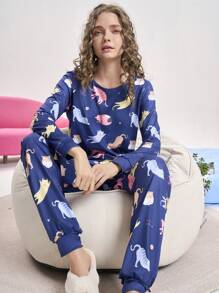 Chillnights All Over Animal Print Long Sleeve Top And Long Pants Women Pajama Set
