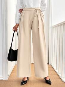 SHEIN Frenchy Women Simple Solid Color Elegant Tie-Front Fold Pleated Pocket Wide Leg Pants Winter Brown - Khaki - View 3