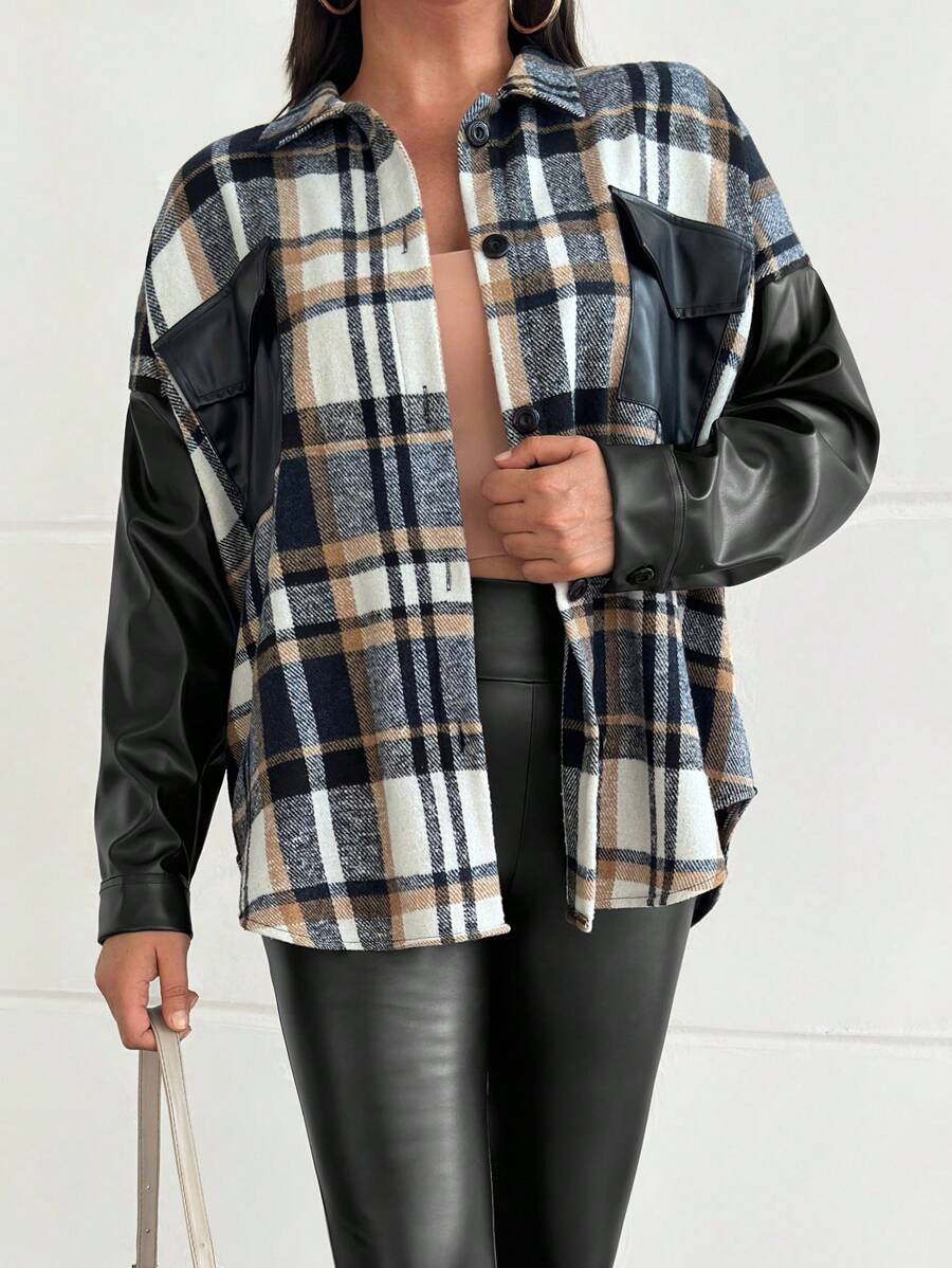 RueChic Frenchy Flap Pocket Drop Shoulder PU Detailed Jacket - Multicolor - View 1