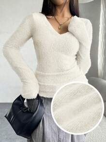 SHEIN Leap Crew 青少年女孩百搭 V 领高领修身高弹力蓬松毛衣白色 T 恤，秋冬 - 白色 - 查看 1